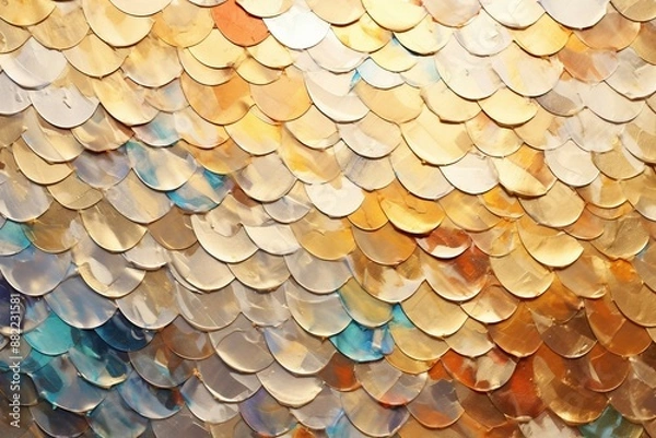 Obraz 抽象背景ペイントバナー）金色・茶色・青緑の魚の鱗風の柄