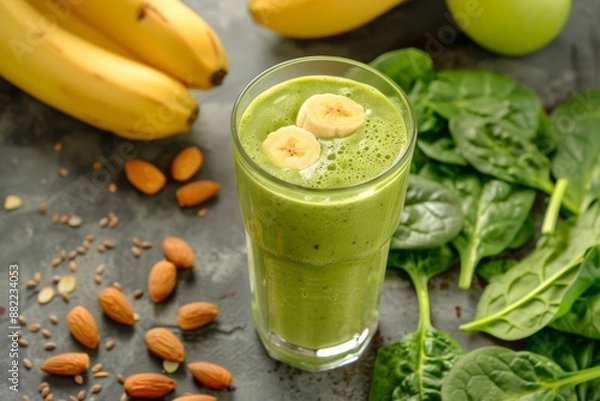 Fototapeta Nutrient-packed smoothie made with spinach, kale, banana, and almond milk, a quick and nutritious meal on the go.
