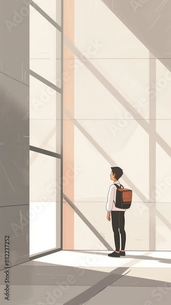 Fototapeta Young man visits art gallery. Teen boy explores exhibit with backpack on shoulder. Natural light fills room through large windows casting shadows. He looks at something outside frame.