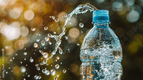 Fototapeta Water splashes from a plastic bottle with bokeh background, capturing the dynamic movement and refreshing nature of water.