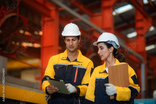 Obraz Latino male engineers industrial and female auditor wearing safety uniform workwear Walking to Audit and checking the safety of the work area and warehouse in an industrial factory.