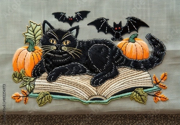 Fototapeta simple cottagecore design of an embroidered black cat laying on a closed book with leaves, pumpkins and bats above it, in the style of embroidery
