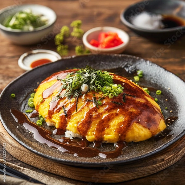 Obraz Omurice on dish set against sauce blur background.