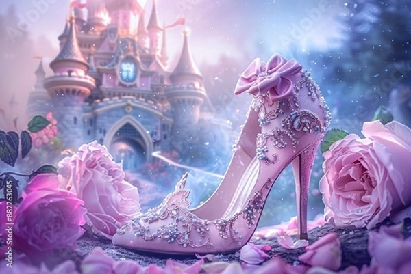 Fototapeta A whimsical high heel designed for a fairy-tale princess, made of shimmering pink satin with a delicate lace overlay and a glittering bow on the toe. 