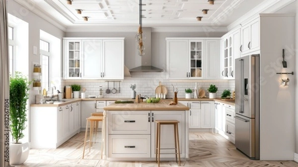 Fototapeta Modern Kitchen with White Cabinets and Stainless Steel Appliances