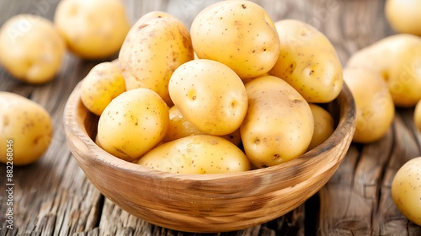 Fototapeta Organic Yellow Potatoes in a Wooden Bowl on a Table, Nutritious and Fresh Group of Potatoes.