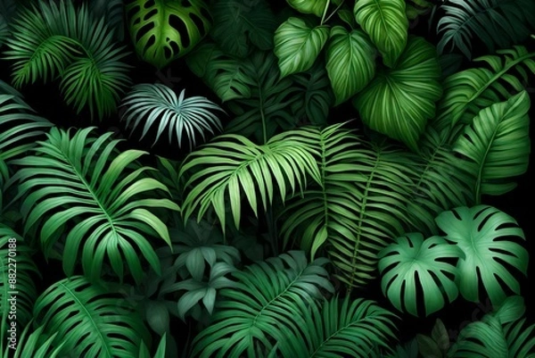 Obraz Tropical rainforest foliage plants bushes (ferns, palm, philodendrons and tropic plants leaves) in tropical garden on black background.