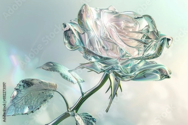 Fototapeta an elegant glass rose, with petals made of transparent, shimmering glass. The stem and leaves are delicately crafted, with intricate details and a slight green tint. 