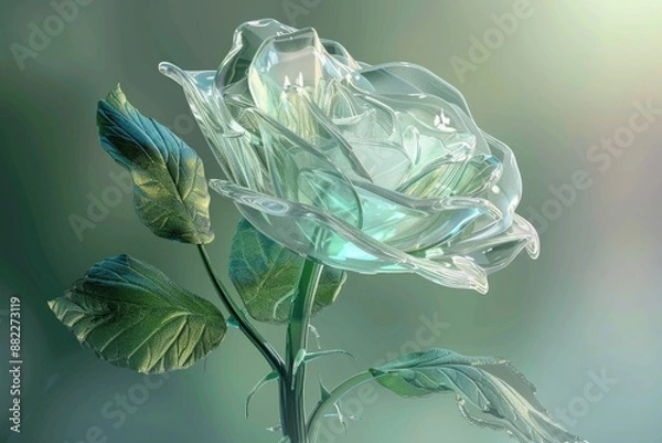 Fototapeta an elegant glass rose, with petals made of transparent, shimmering glass. The stem and leaves are delicately crafted, with intricate details and a slight green tint. 