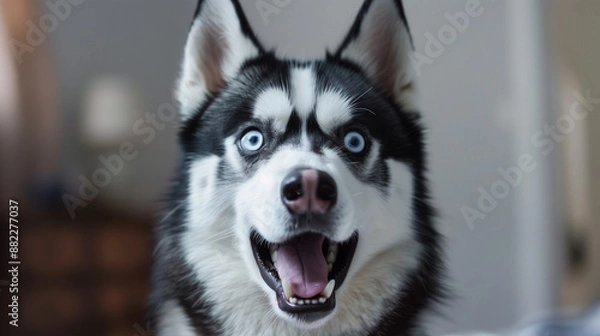 Obraz Close shot of a portrait of a very cute and surprised husky. His eyes are wide open and his ears are erect, expressing surprise and curiosity.