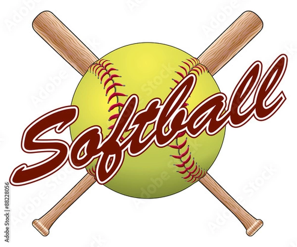 Fototapeta Softball Team Design to ilustracja projektu softball z softballem, skrzyżowanymi kijami i słowem softball.