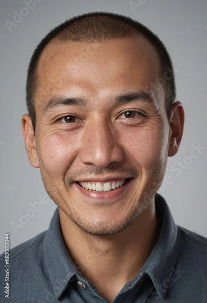 Fototapeta Portrait view of a regular happy smiling Kyrgyzstan man, ultra realistic, candid, social media, avatar image, plain solid background