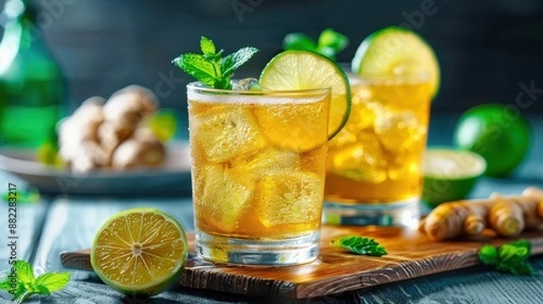 Fototapeta Fresh ginger ale cocktail with lime and mint on a wooden board, surrounded by ingredients, perfect for a summer refreshment.