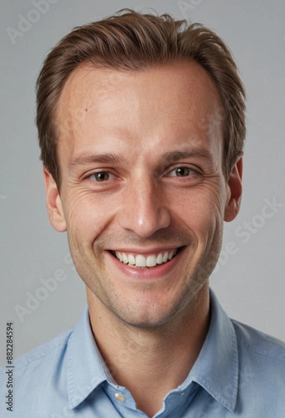 Fototapeta Portrait view of a regular happy smiling Liechtenstein man, ultra realistic, candid, social media, avatar image, plain solid background