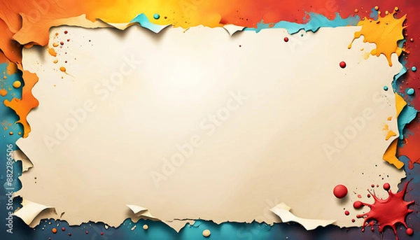 Fototapeta Papier Papyrus Pergament alt Vintage handgeschöpft gelb braun mit Struktur Rand abgerissen bunt, Design Retro Chabby Chic Vorlage Mock Up Website Hintergrund antik Ränder orange rot zerrissen