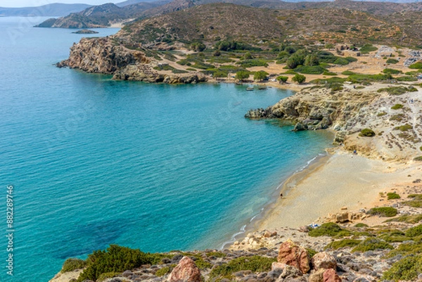 Fototapeta Aerial view  of the Erimoupolis beach  located in the area of ancient Itanos near Vai beach in lasithi prefecture, Crete island, Greece.