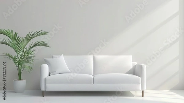 Fototapeta A white couch sits in front of a window with a green plant