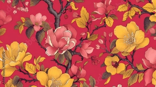 Obraz Pink and yellow floral pattern with detailed line work on a red background
