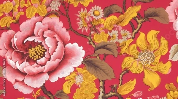 Obraz Pink and yellow floral pattern on red background