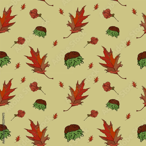 Obraz Pattern of leaf and chestnut elements on a beige background. Seamless pattern