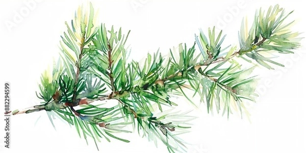 Fototapeta A watercolor painting of pine tree branch with green needles. The painting has a serene and calming mood, with the blue and green colors blending together to create a peaceful atmosphere