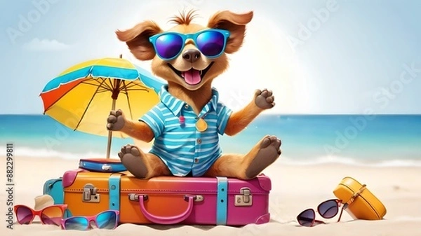 Fototapeta A dog in sunglasses basks in the sun during a beach holiday, surrounded by a colorful suitcase. Fun and carefree illustration on a white background.