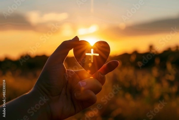 Fototapeta Hand holding a red heart with a cross in a wheat field at sunset