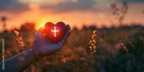 Fototapeta Hand holding a red heart with a cross in a wheat field at sunset