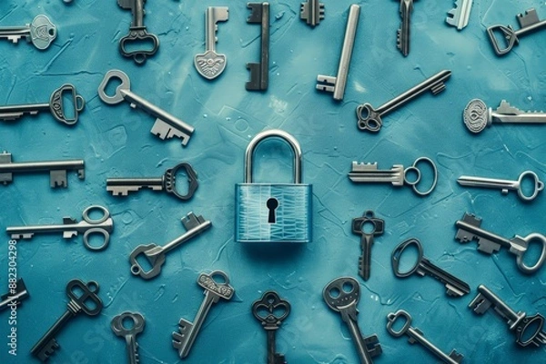 Fototapeta A padlock surrounded by keys on a blue background