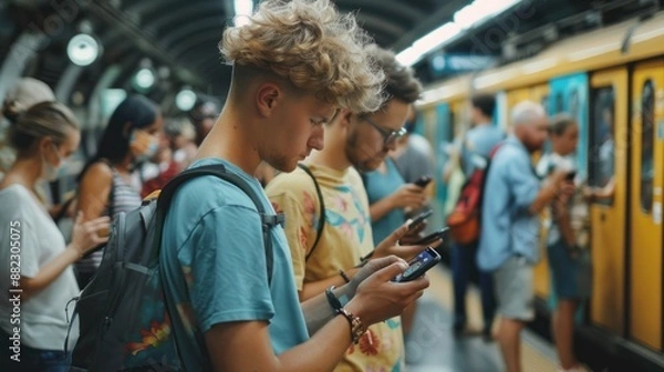 Obraz People Using Cell Phones While Waiting for a Train