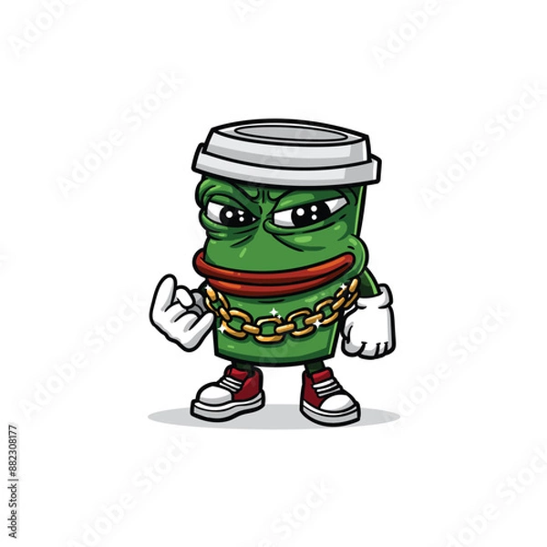 Fototapeta a green coffee cup mascot with a hyped, slightly furious expression, wearing a gold chain, white gloves, and red sneakers