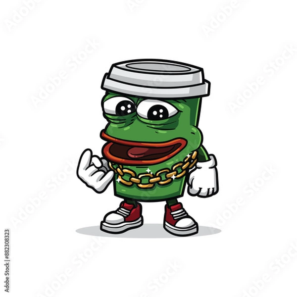 Fototapeta a green coffee cup mascot with a hyped, friendly expression, adorned with a gold chain, white gloves, and red sneakers, exuding a cool and energetic vibe