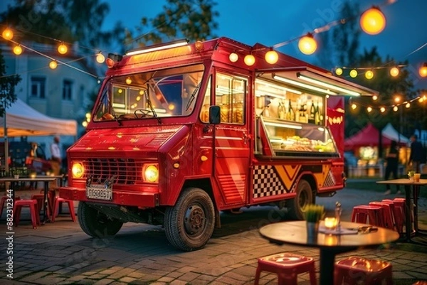 Fototapeta Red food truck parked in a park and surrounded by yellow lights