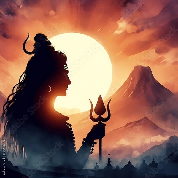 Fototapeta A silhouette of lord shiva standing a with Trident against a sunset background