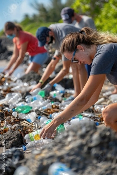 Fototapeta volunteers picking up plastic garbage outside. ai generated
