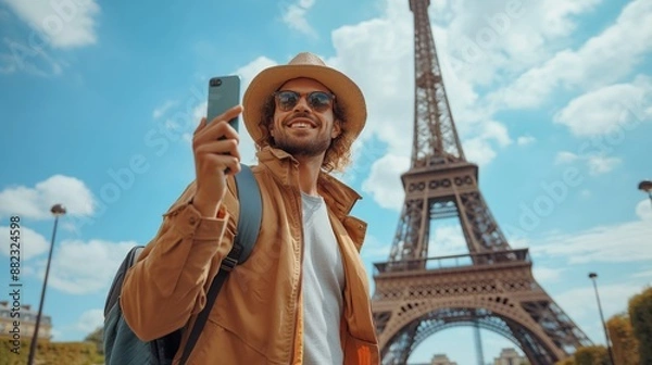 Fototapeta Tourist taking a selfie in front of the Eiffel Tower in Paris