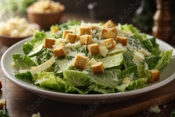 Fototapeta Caesar Salad: A salad made with romaine lettuce, croutons, Parmesan cheese, and a Caesar dressing.

