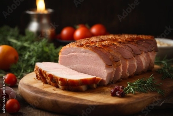 Fototapeta Canadian Bacon: Cured and smoked pork loin, similar to back bacon, often used in breakfast dishes and sandwiches.

