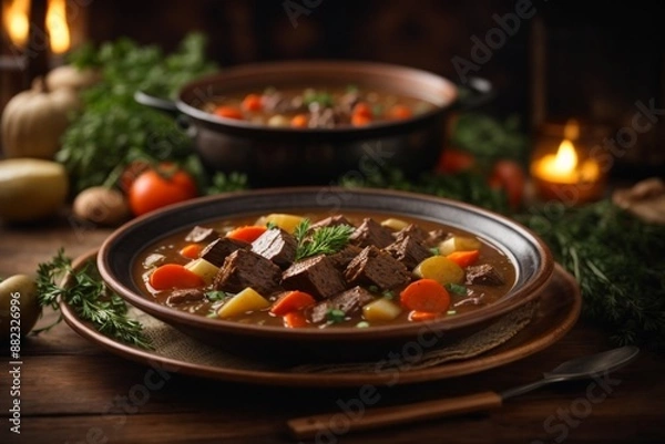 Fototapeta Moose Stew: A hearty stew made with moose meat, vegetables, and broth.

