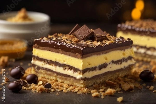 Fototapeta Nanaimo Bar: A layered dessert bar consisting of a crumbly base, custard-flavored middle, and a chocolate topping.

