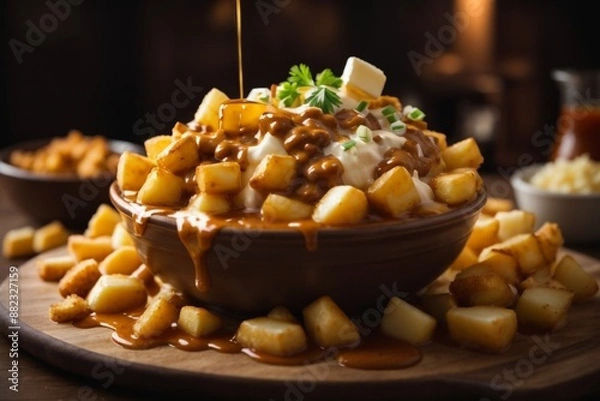 Fototapeta Poutine: A classic Canadian dish featuring crispy fries topped with cheese curds and smothered in hot gravy.

