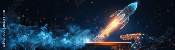 Fototapeta A futuristic rocket launching from a smartphone, symbolizing innovation and technology in a digital age.