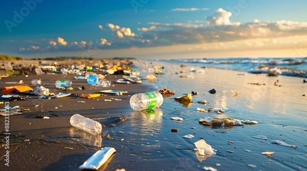 Fototapeta Plastic bottles and trash polluting a sandy beach at sunset