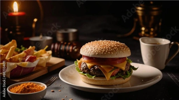 Fototapeta Close-up of a delicious crispy chicken burger with pickles and lettuce on a shiny wooden table with bokeh background