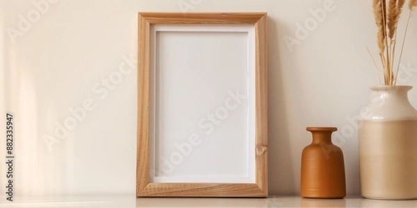 Fototapeta Wooden picture frame on a minimalist shelf with decorative vases, perfect for showcasing art or photography in a modern home setting.