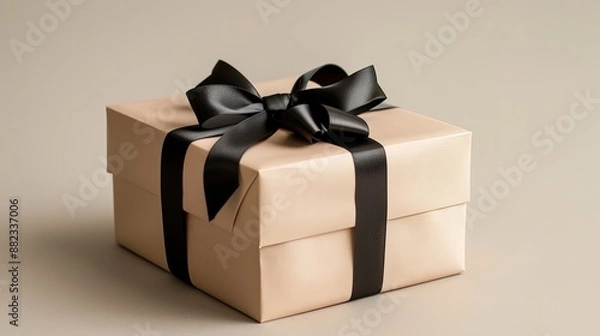Fototapeta Elegant gift box wrapped in beige paper with a black satin ribbon bow, perfect for special occasions, celebrations, and surprises.