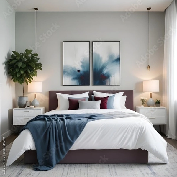 Fototapeta Modern white cotton bedroom with sleek, gray-toned furniture, metal accent pieces, and subtle pops of greenery