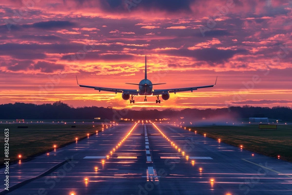 Fototapeta An airplane lands on a runway during a stunning sunset, with vivid colors painting the sky. The scene depicts the majesty and precision of aviation against a breathtaking natural backdrop.