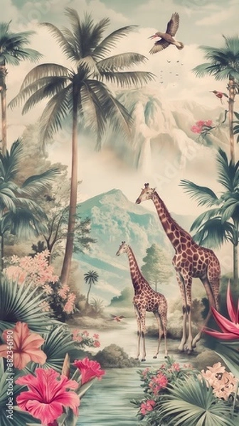 Fototapeta Enchanting Jungle Wallpaper with Giraffes and Hummingbirds in Pastel Colors. Vibrant Rainforest Scene Featuring Exotic Flora and Serene Mountain Background.