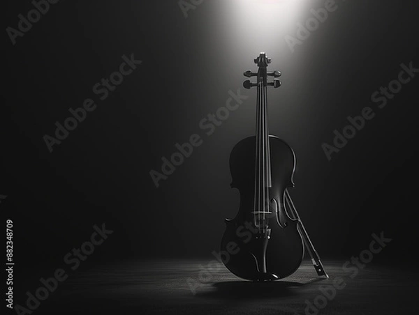 Fototapeta Black and white image of an upright violin with stage spotlight highlighted against a dark background.
